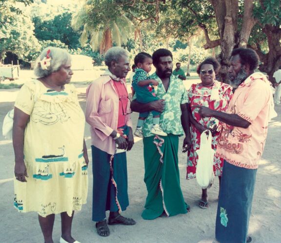 Eddie Mabo with some members of the Mer community who welcomed the Supreme Court party to Mer Island, May 1989