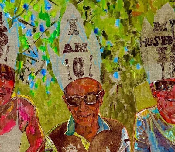 Oil on canvas painting of 3 people celebrating a 101st birthday. Each person wears a party hat.