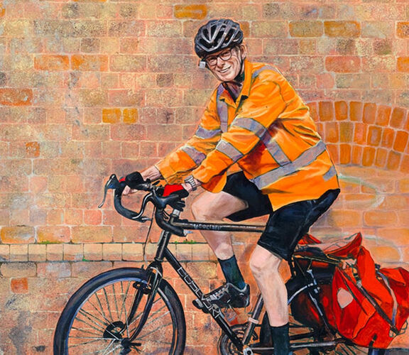 Oil on canvas painting of a man sitting on a bike wearing high vis, with a brick wall behind him.