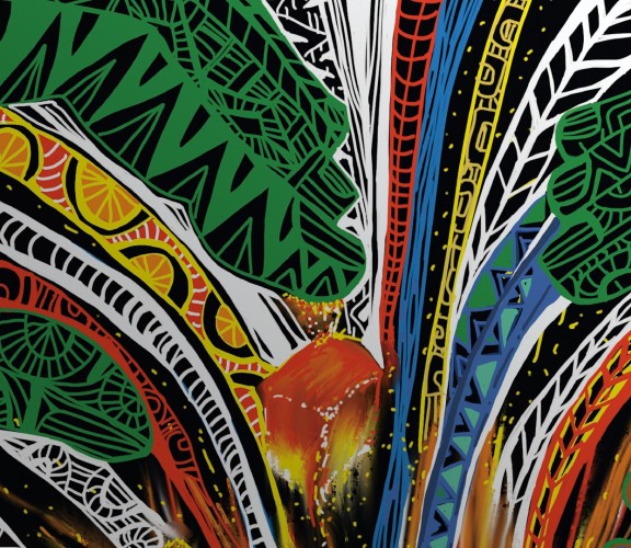 Artwork by by Deb Belyea. The design depicts the hands of an elder carefully nurturing a glowing ember, symbolising the sacred act of passing down cultural wisdom and traditions to the younger generation, ensuring the continuity of Indigenous identity and pride.