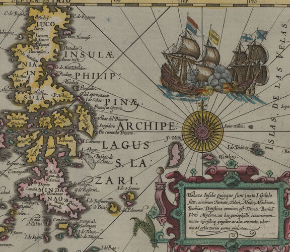 Historic 17th-century map of Southeast Asia including the Philippines, Indonesia, Malaysia, and parts of Papua New Guinea, with Latin place names and decorative illustrations of ships, compass roses, and sea creatures.