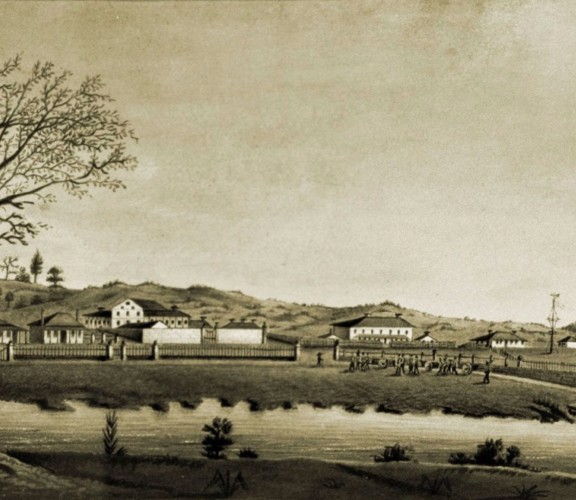 Watercolour painting of Moreton Bay Settlement New South Wales in 1835.