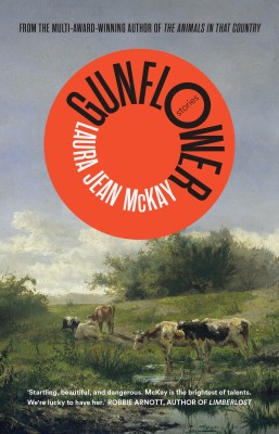 Cover of Gunflower by Laura Jean McKay. It shows a painting of cows in a field with a big red circle above them