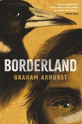 Cover of Borderland by Graham Akhurst. It is yellow, black and brown showing a magpie and a close up of a boy's face