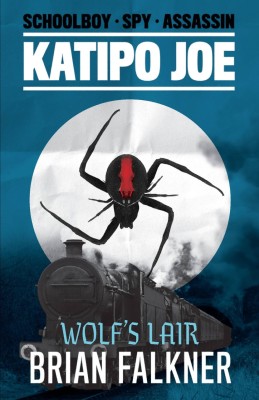The cover of Katipo Joe: Wolf's Lair by Brian Falkner. A picture of a train is overlaid with a moon and a spider arranged like a Nazi swastika.