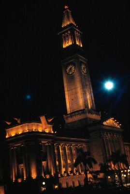 Brisbane City Hall lit by floodlights, 1954