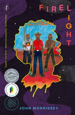 Cover of Firelight by John Morrissey. The book is purple and black with three Aboriginal men from a Gordon Hookey painting on the cover.