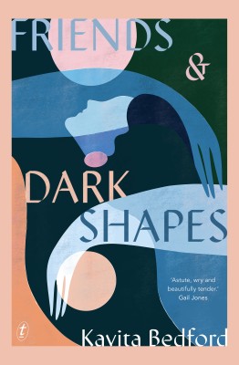 Friends and Dark Shapes by Kavita Bedford A blue peach and green painting shows several bodies faces and limbs entwined 