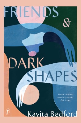 Friends and Dark Shapes by Kavita Bedford Friends and Dark Shapes by Kavita Bedford A blue peach and green painting shows several bodies faces and limbs entwined