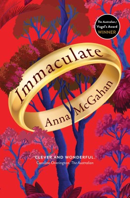 The cover of Immaculate by Anna McGahan. It is bright red with blue trees and a big gold wedding ring