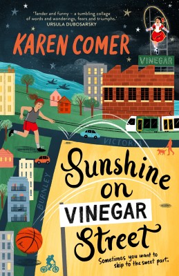 Cover of Sunshine on Vinegar Street by Karen Comer showing an illustrated streetscape and a girl bouncing a basketball
