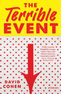The cover of The Terrible Event by David Cohen. It is yellow, red and white with a big red arrow pointing downwards