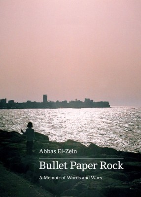 Cover of Bullet, Paper, Rock: A Memoir of Words and Wars by Abbas El-Zein showing a figure at a rocky beach at sunset