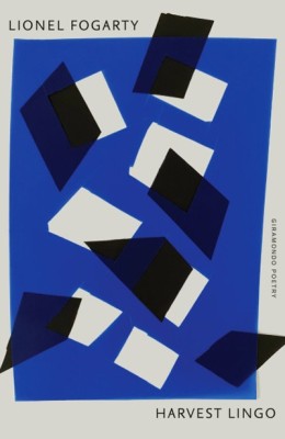Cover of Harvest Lingo by Lionel Fogarty which features a royal blue rectangle and black and white squares over the top