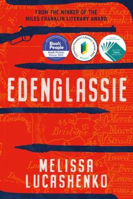 The cover of Edenglassie by Melissa Lucashenko. It is red and shows a map, spears and gun silhouettes