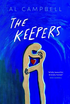 Cover of The Keepers by Al Campbell. It is blue with two stylised figures embracing and a heart between them