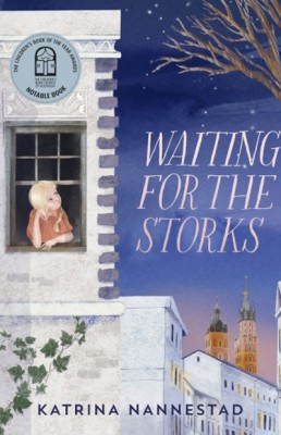 Cover of Waiting for the Storks by Katrina Nannestad showing a blonde girl in the window of an old building looking up at the night sky