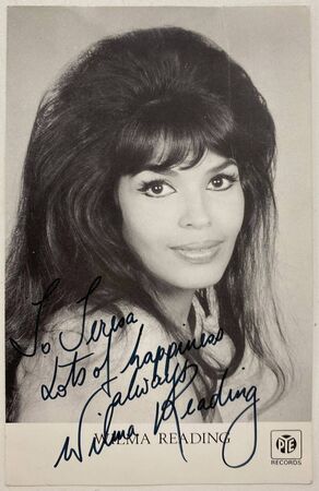 Black and white portrait with text Wilma Reading and signed To Teresa Lots of happiness always Wilma Reading