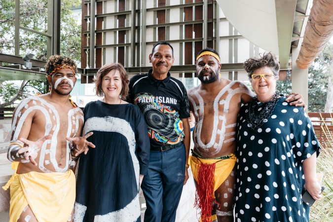 Bwgcolman Dancers with State Librarian and Chief Executive Officer Vicki McDonald, Palm Island Mayor Alf Lacey and Executive Director Public Libraries and Engagement Louise Denoon. 
