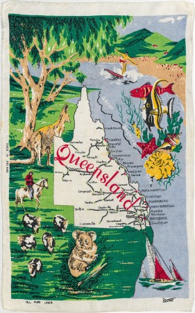 Colourful tea towel of Map of Queensland 0306
