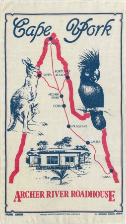 Colourful tea towel of Archer River Roadhouse Cape York 