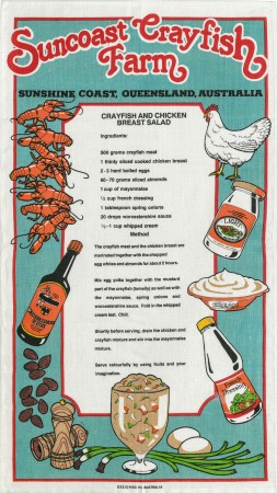 Colourful tea towel with Suncoast Crayfish Farm