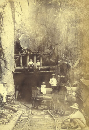 Men, children and a Chinese working near Tunnel No 9 of the Cairns railway Kuranda tracks.