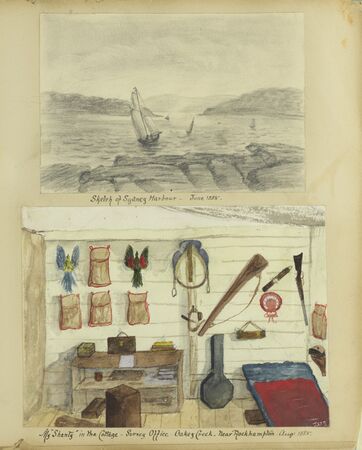 Two sketches on one page. First of Sydney Harbour June 1885 and the other of Mr Berthon room in cottage survey office at Bakey Creek near Rockhampton 1885.