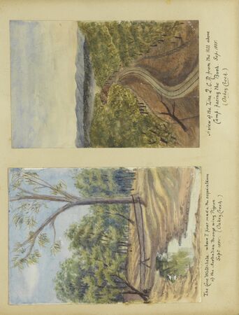 2 sketches of a waterhole called The Cave Waterhole and a train track through the near Oakey Creek in 1885