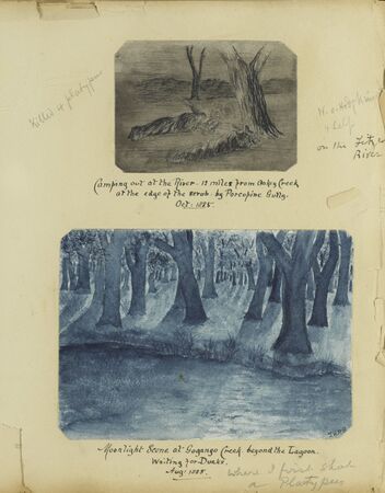 2 sketches of Campsites. Black and White sketch of campsite 12 miles from Oakey Creek by Porcupine Gully. Second blue sketch at Gogango Creek in 1885.