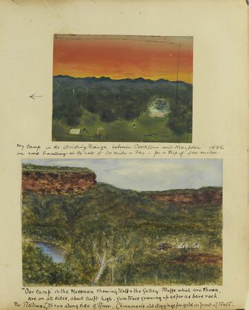2 sketches of Campsites. One between Cooktown and Maytown in 1886. The other in Mossman showing bare rock formation.