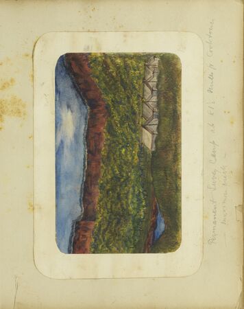 Sketch drawn by JHP Berthon of permanent Survey Camp, at 81.5 miles from Cooktown, near Mossman Creek. Tents are situated next to a cliff and river.