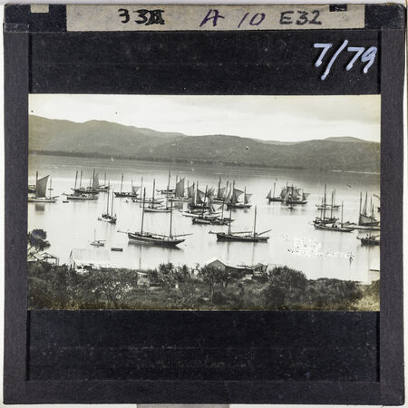 Elevated view of luggers at anchor off Port Kennedy, Waiben Island, Torres Strait Islands, Far North Queensland.
