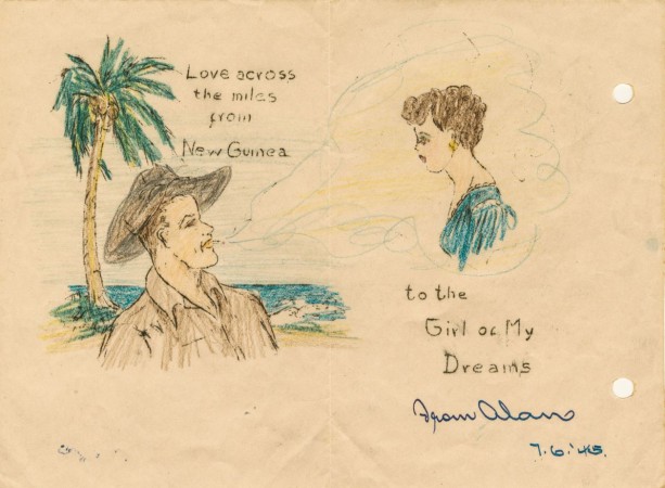 A postcard featuring a sweet message and sketch of a couple separated by distance, signed by Alan Hooper and dated to 1945.