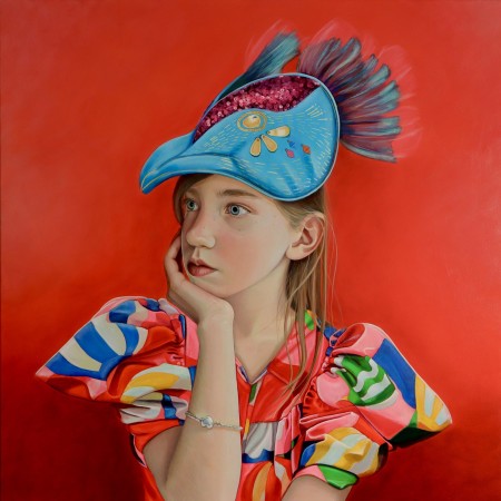 Painting of a young girl dressed in colourful clothing and hat with a red background.