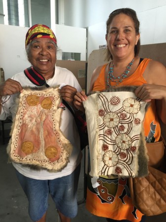 Aunty Dawn Daylight and Malinda Flynn at a Brisbane possum skin cloak workshop, 2016, Brisbane QLD. Photo by Carol McGregor.