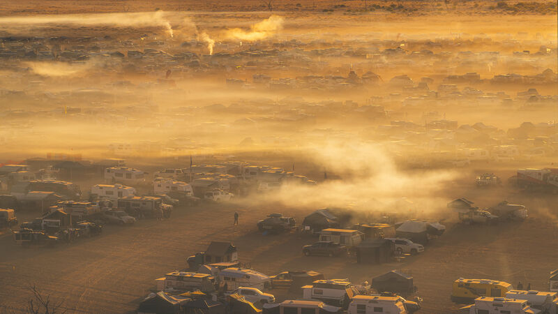 Huge outback camp site covered in fog
