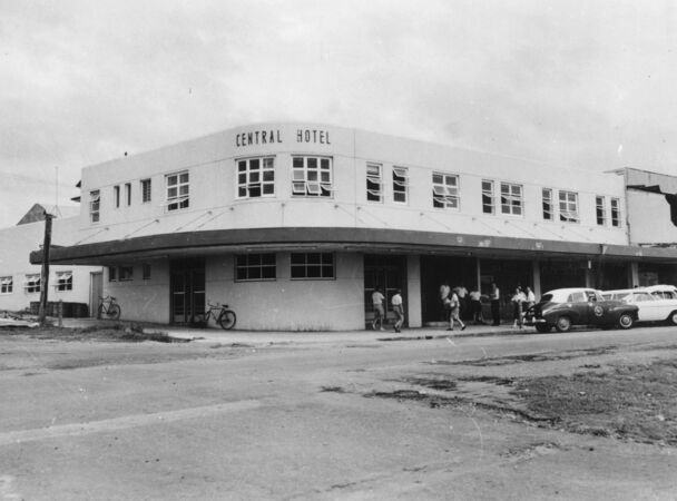 rounded 1950s building emblazoned with words reading Central Hotel 
