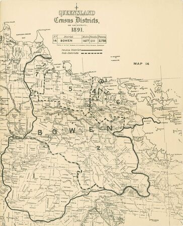 Sepia map saying Queensland Census Districts 1891 with Bowen outlined