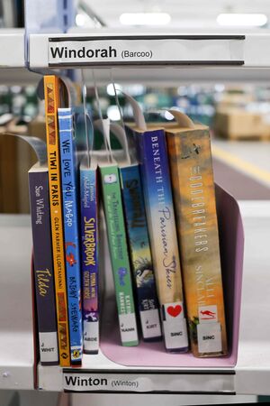 Library books on a shelf labelled Winton