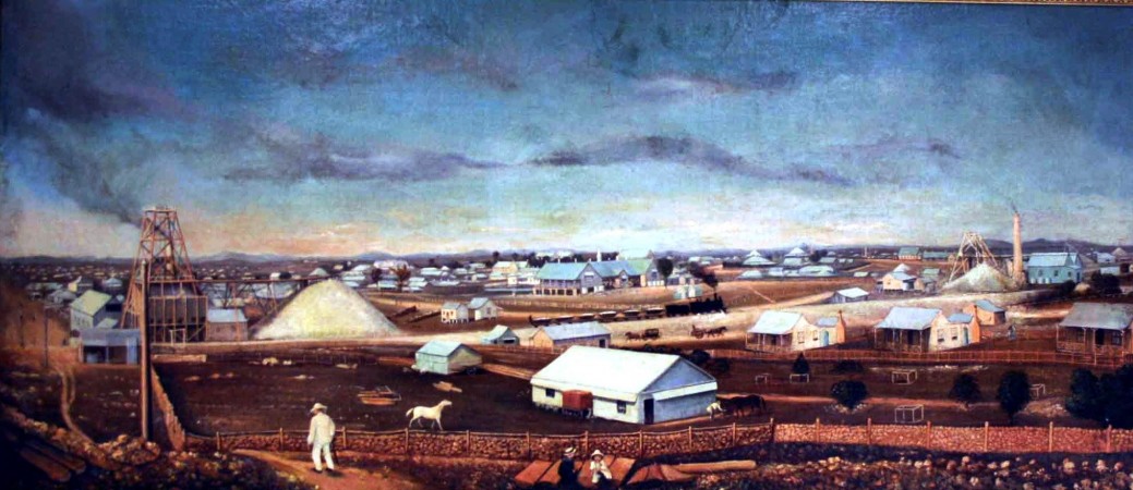 artwork dipicting early Charters Towers Brown earth white buildings blue cloudy sky
