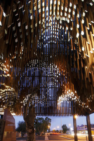 Colour photograph of Barcaldine's Tree of Knowledge Memorial at dusk.
