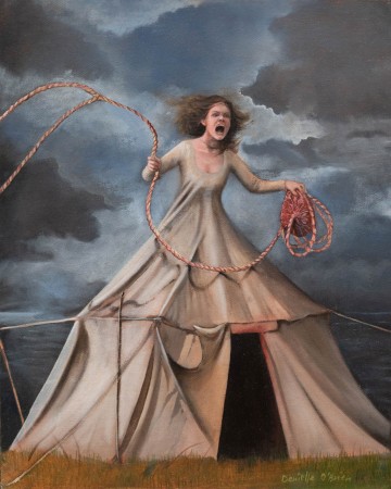 Oil on board painting of a screaming woman whose lower half merges into a tent, holding a placenta with the umbilical cord used as a lasso.
