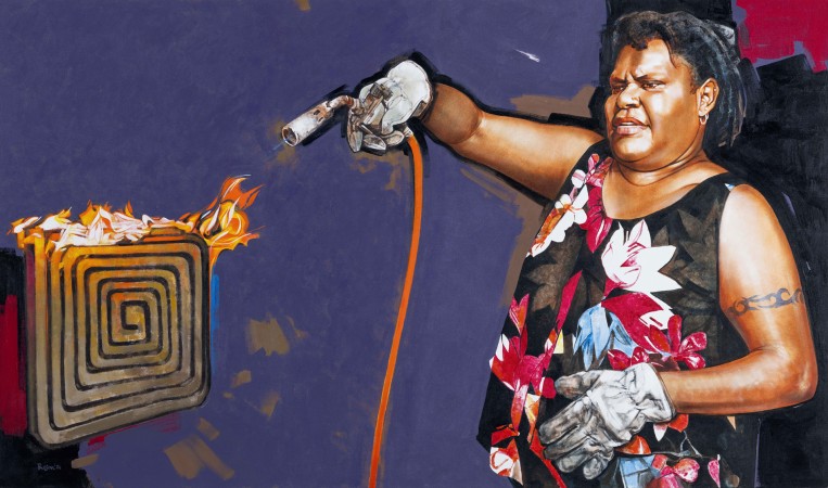 Acrylic & oil on canvas painting showing a woman using a blow tourch. 