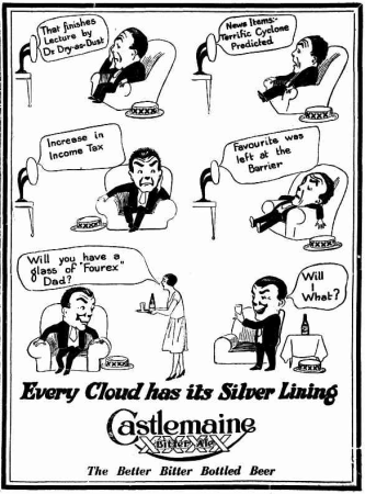 Newspaper advertisement for Castlemaine XXXX Bitter Ale featuring the character 'Mr Fourex' in the form of a comic strip.
