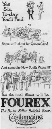 Advertisement for XXXX Bitter Ale featuring popular mascot 'Mr Fourex', who appears talking to a cricketer wearing pads and carrying a bat.
