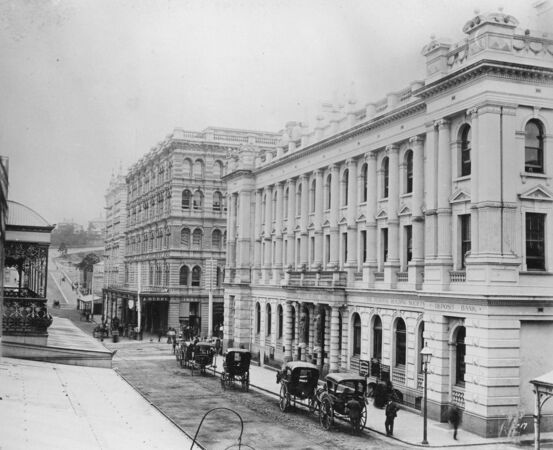 Edward Street looking west across the intersection with Queen Street, Brisbane, 1889.
