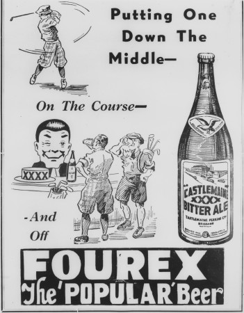 Advertisement for XXXX Bitter Ale featuring popular mascot 'Mr Fourex', who appears next to two golfers.