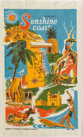Vintage Sunshine Coast tea towel with illustrations of the Big Pineapple, the house of bottles, Anderson's Big Shell, the Fairy-tale Castle, the Big Cow, lorikeets and a board rider.