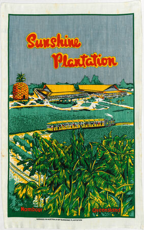 Colourful illustrations of The Big Pineapple, the main Sunshine Plantation building and the sugar cane train
